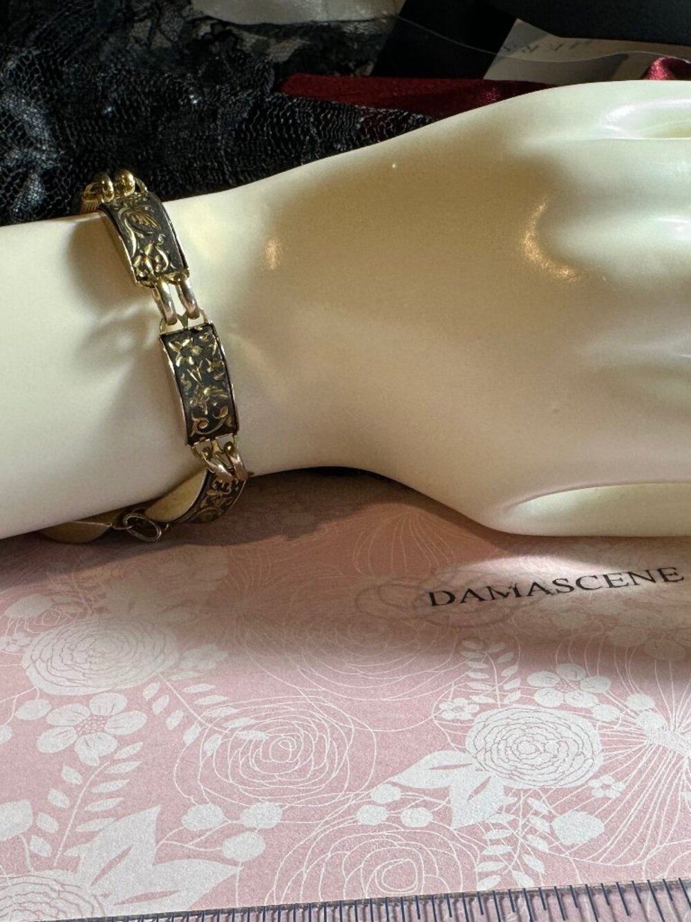 Vintage Damasquinado De Oro Gold 18k and 22k Foil Art Spanish Link Bracelet Love
